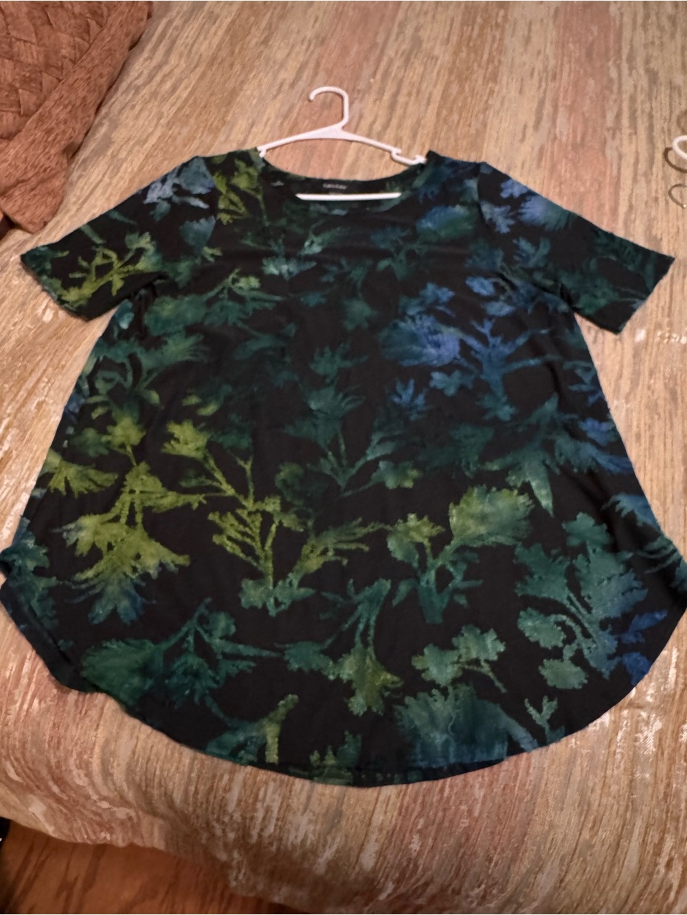 Karen Kane Black Short Sleeve Top with Green & Blue Floral Print